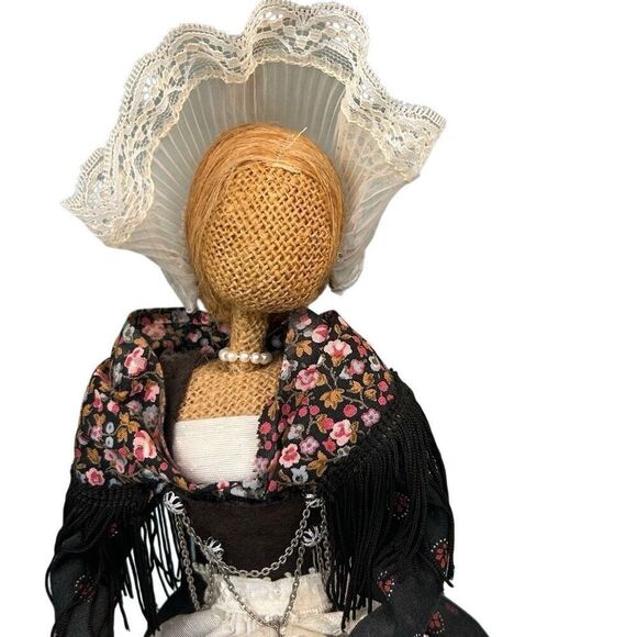 Vtg Handmade Straw Burlap Doll 12" Tan Blue Folk Art Collectible Rustic Decor - Picture 7 of 10